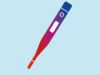 Illustration eines digitalen Fieberthermometers in Rot- und Blautönen auf hellem, bläulichem Hintergrund. Das Thermometer ist schräg dargestellt und zeigt ein modernes, minimalistisches Design mit Display und Bedientaste.