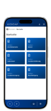 Smartphone mit geöffneter App‑Startseite „KIDICAP“, Anzeige von Postfach‑Kategorien wie Dokumente, Gehalt und Sozialversicherung
