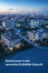 „Vernetzter Krankenhausverbund mit digital verbundenen Klinikgebäuden und Datenflüssen als Symbol für die S/4HANA-Transformation im Gesundheitswesen.“