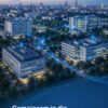 „Vernetzter Krankenhausverbund mit digital verbundenen Klinikgebäuden und Datenflüssen als Symbol für die S/4HANA-Transformation im Gesundheitswesen.“